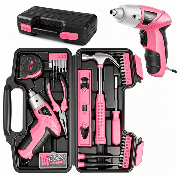 CURYMAY Pink 3.6V Usb Cordless Electric Screwdriver&Household Tool Kit|Power Screwdriver and Hand Tools in a Compact Box Case for Small Repair and Maintenance- Ideal Housewarming Gift,112Pcs