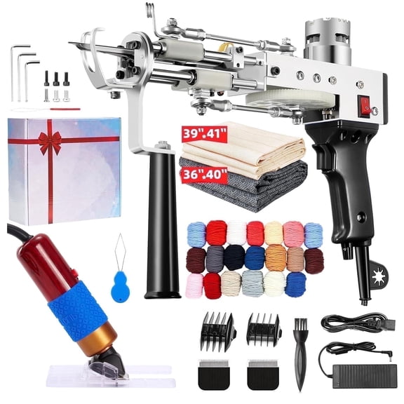 CURYMAY Rug Tufting Gun Starter Kit: 2 in 1 Rug Gun Kit, Carpet Maker Gun Kit with Trimmer, Yarn, Cloth, Loop & Cut Pile, Sculptin, Flattening, Black Tufting Gun