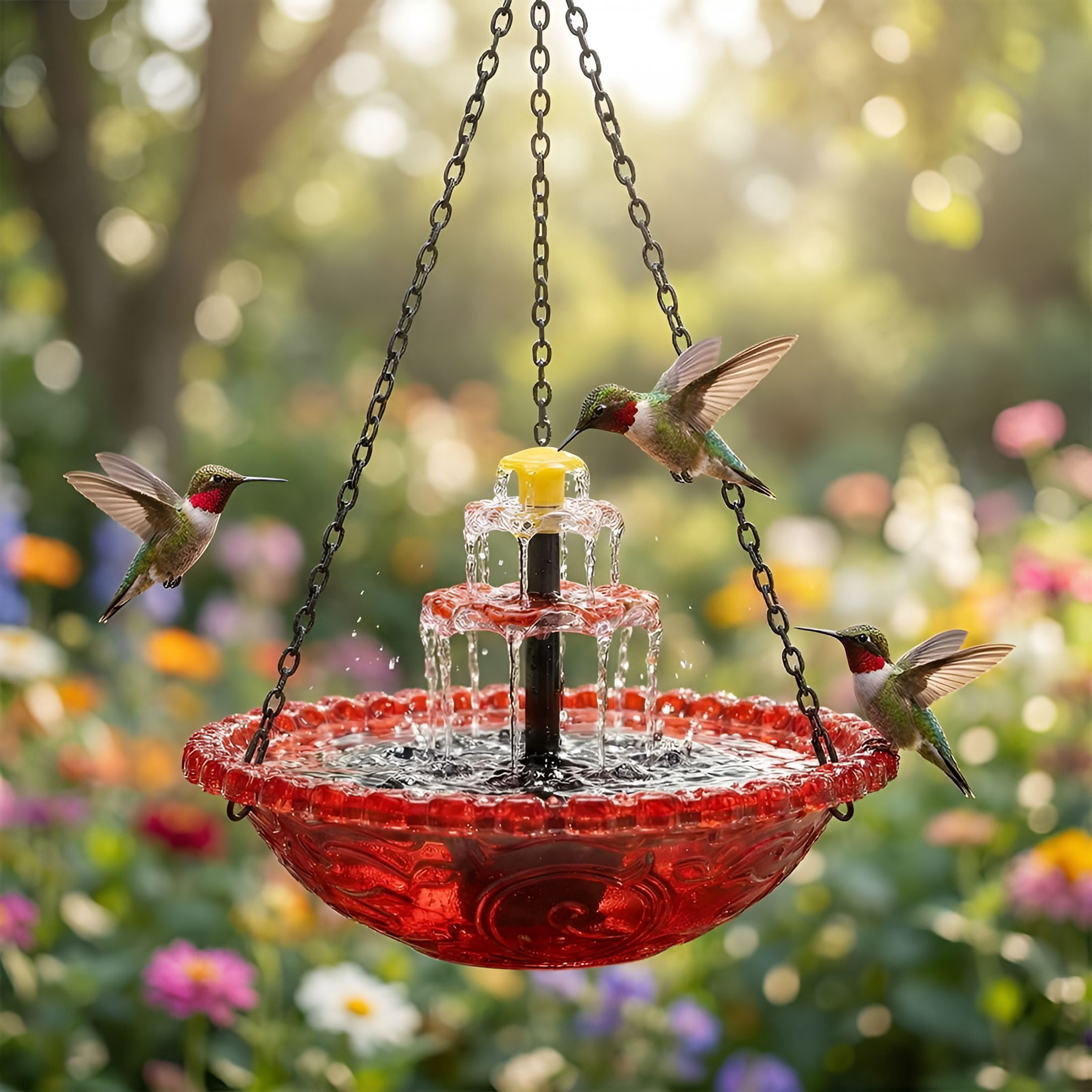 CURYMAY Solar Cascade Hanging Bird Bath Fountain, Hanging Bird Bath with Flowing Water, Bird Bath Fountain Decorative Garden Yard Patio for Outdoor (Red)
