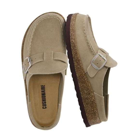 Cushionaire Hobby Genuine Leather Cork Footbed Clogs for Women - Suede Casual Shoes with Cushioned Comfort, Arch Support, Buckle Strap | Slip-On Mules