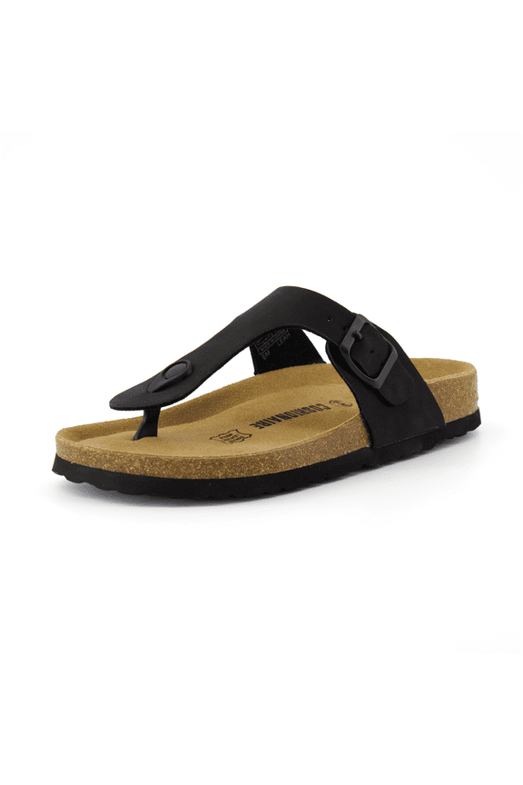 Leah Thong Sandals for Women - Cork Footbed Flip Flops for Women with Memory Foam and Adjustable Buckle Strap