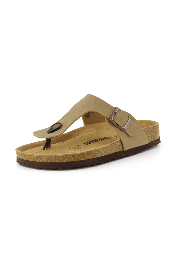 Leah Thong Sandals for Women - Cork Footbed Flip Flops for Women with Memory Foam and Adjustable Buckle Strap