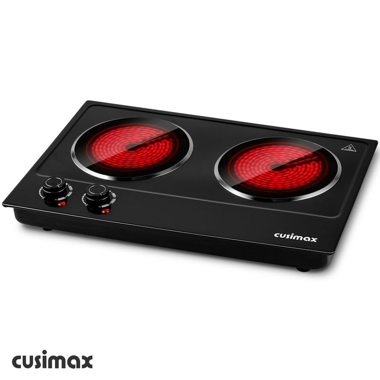 CUSIMAX 1800W Ceramic Electric Double Burner, Dual Control Infrared  Cooktop, Portable, Glass Plate, Stainless Steel, Black.