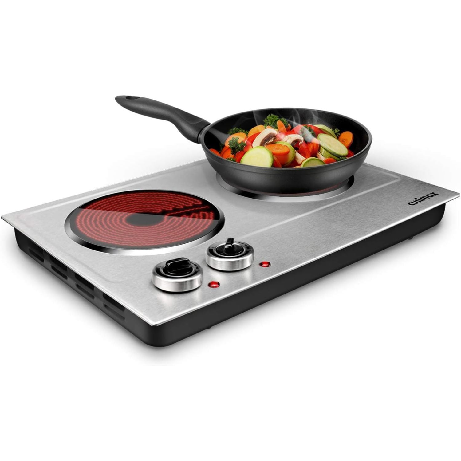 CUSIMAX 1800W Ceramic Electric Hot Plate for Cooking, Dual Control Infrared Cooktop, Double Burner, Portable Countertop Burner, Glass Plate Electric Cooktop, Silver, Stainless Steel-Upgraded Version