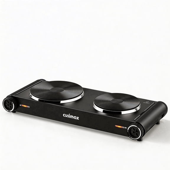 CUSIMAX 1800W Double Burner Hot Plate Walmart Exclusive, Portable Countertop Cast-Iron Stove with Concealed Handle, Independent Heat Controls & Easy-Clean Black Stainless Design
