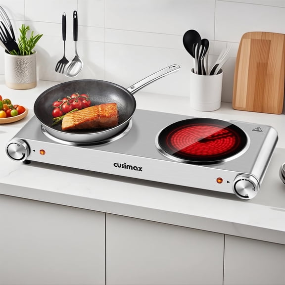 CUSIMAX 1800W Portable Double Ceramic Hot Plate – Dual Infrared Electric Burner with Independent Controls, Glass Cooktop Surface, Stainless Steel Design, Upgraded Version