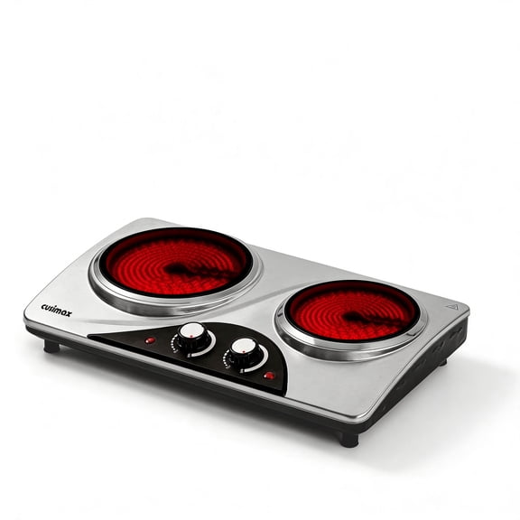 CUSIMAX Portable Electric Double-Burner Hot Plate  Ceramic Infrared Cooktop with Dual Adjustable Temperature Controls, Quick Heat-Up, Compatible with All Cookware, Sleek Silver Design