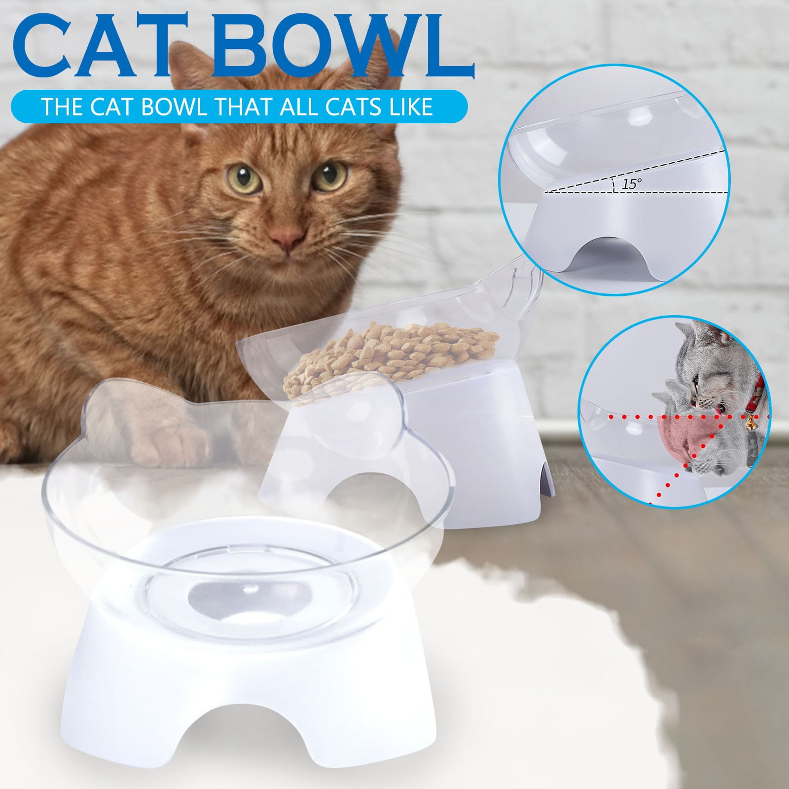 USCCE Raise Cat Bowl with Stand, Tilt Cat Bowl At 15° Kitten Raise Cat Bowl AntiVomit Cat Bowl