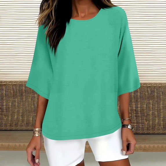 CUSTG Casual Blouses For Women Simple Stylish Women Shirts For Everyday Wear Trendy 3/4 Sleeve Blouses For Summer Versatile Solid Color Tops Birthday Dailywear