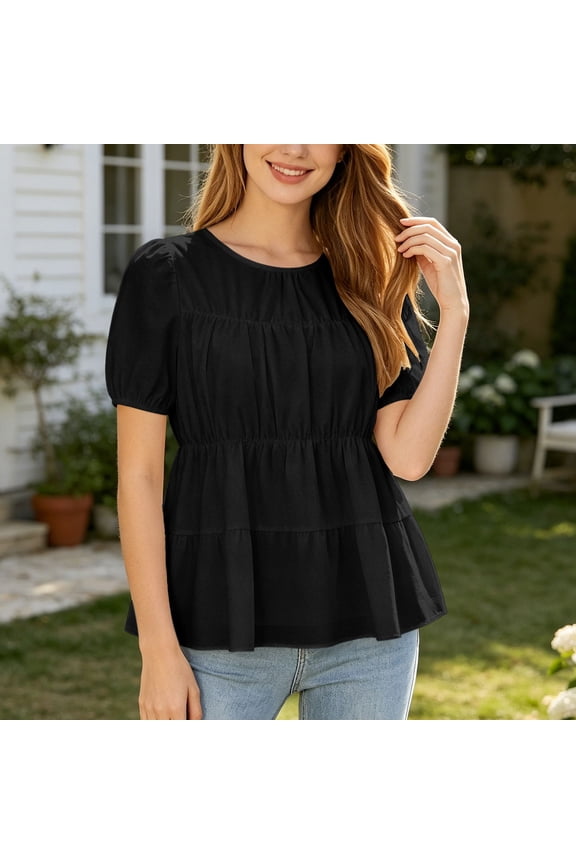 Casual Blouses For Women Summer Seasonal Puff Sleeve Tops Lightweight Relaxed Fit Short Sleeve Blouse Featuring Pleated Detail And Typography Print Trendy Shirt