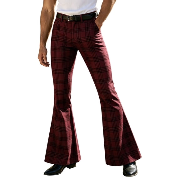 CUSTG Casual Pants For Men Striped Plaid Pattern Vintage Flare Bootcut Pants Mid Rise Button Zip Waist Pockets Casual Street Trousers Easy Movement Pants