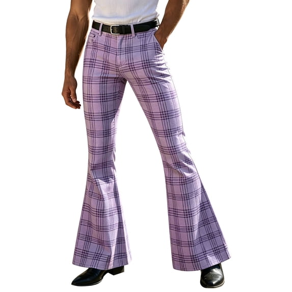 CUSTG Casual Pants For Men Striped Plaid Pattern Vintage Flare Bootcut Pants Mid Rise Button Zip Waist Pockets Casual Street Trousers Everyday Travel Outdoor Adventures Trousers
