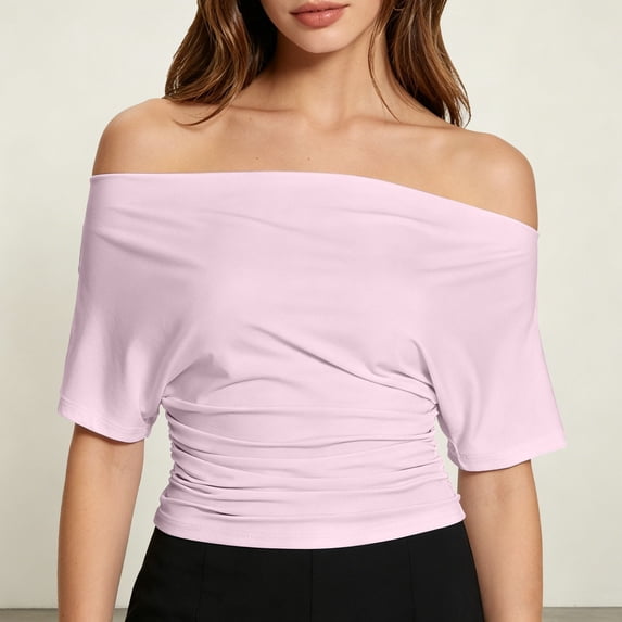 CUSTG Casual Shirts For Women Simple Solid Color Lady's Summer Off The Shoulder Short Sleeved T Shirt Versatile Tops