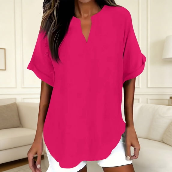 CUSTG Casual Shirts For Women Simple Summer Short Sleeve Shirts V Neck Solid Color Tunic Blouses Tee Classic Tops