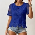 thumbnail image 1 of CUSTG Casual Shirts For Women Summer Solid Color Fashion Short Sleeve Blouse With Elegant Lace Hollow Out Design Comfortable Round Neck Versatile Tops For Daily Wear Vacation Dailywear, 1 of 3