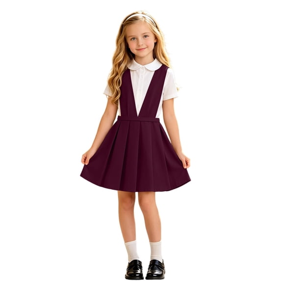 CUSTG Children Girls Dress School Plaid Pleated Pinafore Short Sleeve Crewneck Dress Back To School Young Students Everyday Wear Soft Fabric party dresses