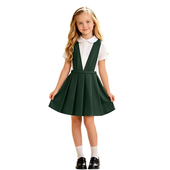 CUSTG Children Girls Dress School Plaid Pleated Pinafore Short Sleeve Crewneck Dress Back To School Young Students Everyday Wear Soft Fabric Sundress