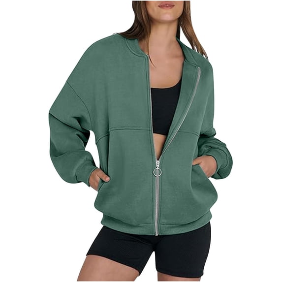 CUSTG Female Hoodless Sweatshirt Long Sleeve Zip Up Solid Color Fleece Lined Pockets Cozy Soft Top Pullover