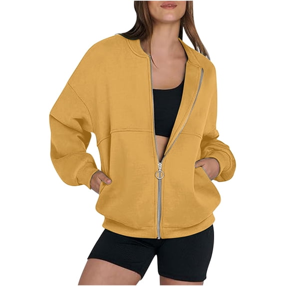 CUSTG Female Hoodless Sweatshirt Long Sleeve Zip Up Solid Color Fleece Lined Pockets Fashion Versatile Top Pullover