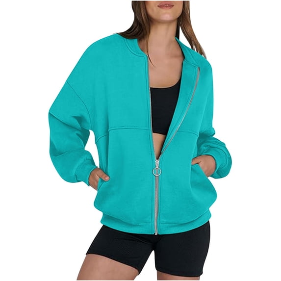 CUSTG Female Pullover Hoodless Long Sleeve Zip Up Solid Color Fleece Lined Pockets Relaxed Daily Sweatshirt Top