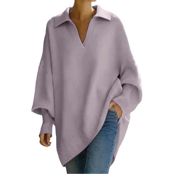 CUSTG Female Sweater Oversized Long Sleeve Solid Color Turndown Collar Loose Fit Comfortable Fall Winter Knit Top
