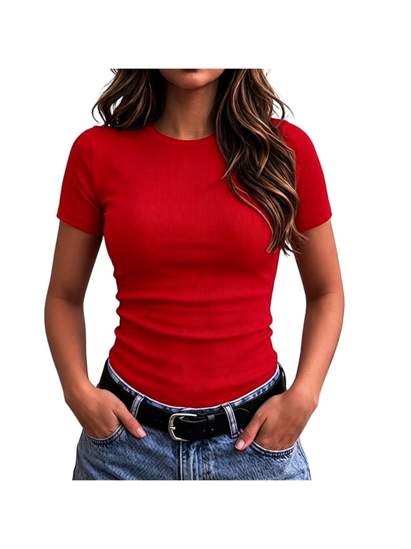 Female T-Shirts Crew Neck Ribbed Short Sleeve T Shirt Slim Fit Minimalist Style Basic Daily Tops