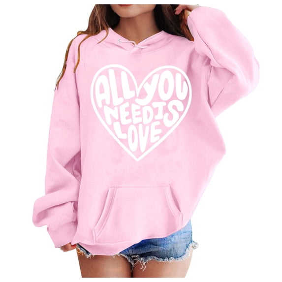 CUSTG Girl Sweatshirts Heart Graphic Hoodie Long Sleeve Pullover Sweatshirt with Kangaroo Pocket vacation Outerwear