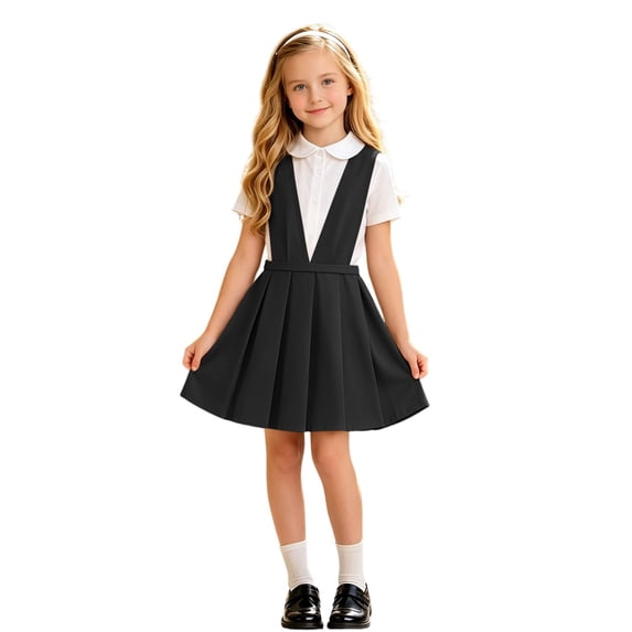 CUSTG Girls Dress School Plaid Pleated Pinafore Short Sleeve Crewneck Dress Back To School Young Students Everyday Wear Soft Fabric party dresses