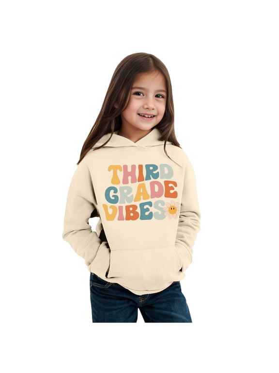Kids Girls Sweatshirts Retro Groovy Letter Daisy Print Hoodie Long Sleeve Pullover Sweatshirt with Kangaroo Pocket Outdoor Activities Sweatshirts