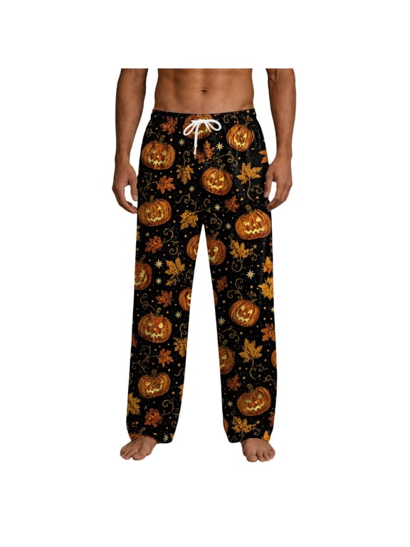 Male Leisure Trousers Halloween Pumpkin Maple Leaf Print Jogger Pants Drawstring Elastic High Waist Casual At Home Party Holiday Trousers Minimalist Style Pants