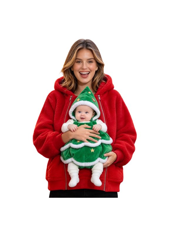 Maternity Coat Winter Mom Cozy Thicken Coats Christmas Hooded Sherpa Baby Wearing Jacket