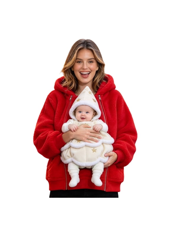 Maternity Coat Winter Mom Cozy Thicken Coats Christmas Hooded Sherpa Baby Wearing Jacket