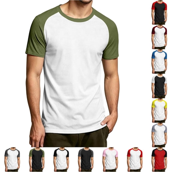 CUSTG Men Blouse Fashion Casual Patchwork Short Sleeve Raglan Tops Birthday Solid Color Summer Shirt
