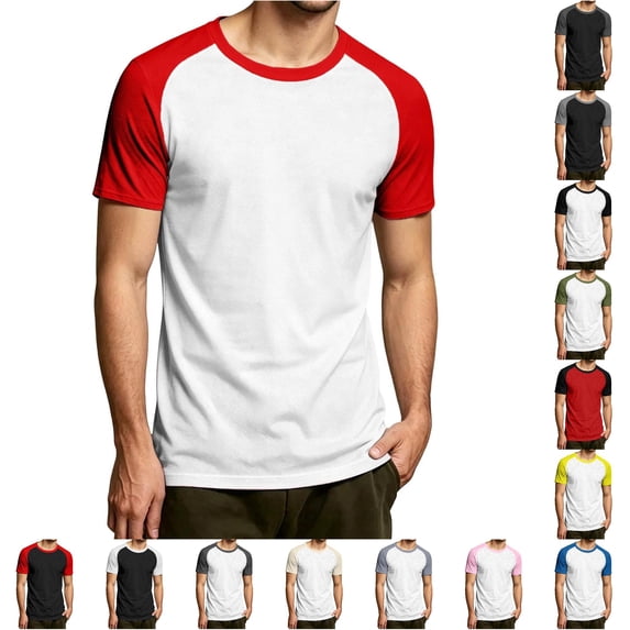 CUSTG Men Blouse Fashion Casual Patchwork Short Sleeve Raglan Tops Classic Solid Color Summer Shirt