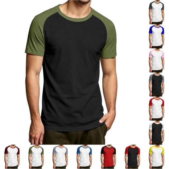 CUSTG Men Blouse Fashion Casual Patchwork Short Sleeve Raglan Tops Leisure Solid Color Summer Shirt
