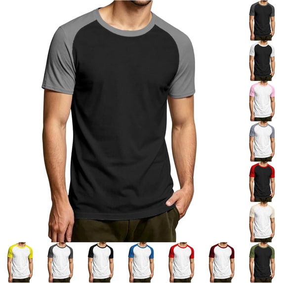 CUSTG Men Blouse Fashion Casual Patchwork Short Sleeve Raglan Tops Soft Solid Color Summer Shirt