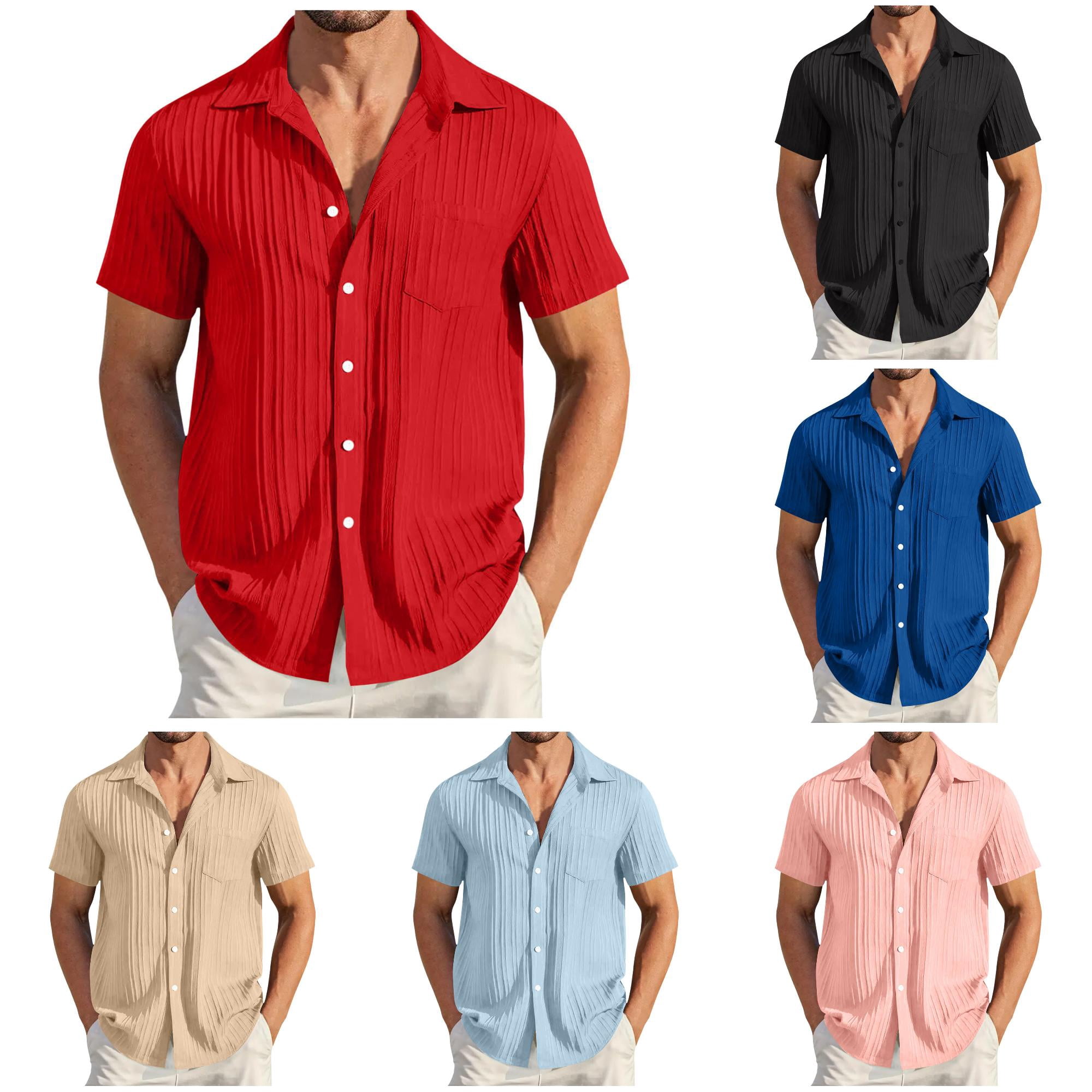 Custg CUSTG Men Blouse Short Sleeve Shirt Summer Casual Solid Color Striped ...