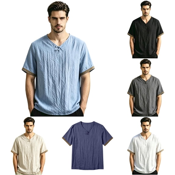 CUSTG Men Blouse Summer Casual Pullover Tops Tunic Relaxed Fit Short Sleeve Solid Color Shirt
