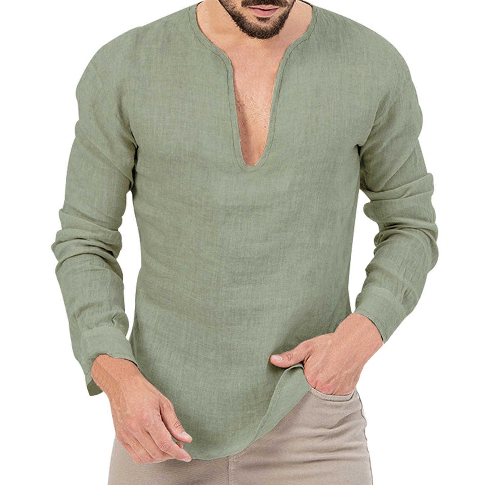 CUSTG Men T-Shirts Casual Big And Tall Long Sleeve Shirt Soft Linen ...