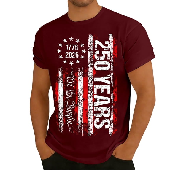 CUSTG Men T-Shirts O-Neck Anniversary Graphic T Shirt Patriotic Short Sleeve Tee For Casual Wear And Holiday Celebration Celebrate America's 250th Anniversary Trendy 1776-2026 4th Of July Tops