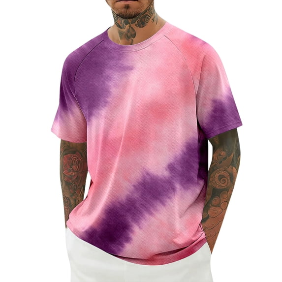 CUSTG Men T-Shirts Tie Dye Print Short Sleeve T Shirt O-Neck Gradient Breathable Comfort Casual Tee For Daily Wear Soft Fashion Tops