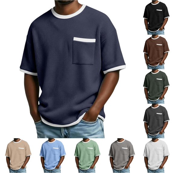 CUSTG Men Tshirts Summer Knit Pocket Tee For Breathable Casual Short Sleeve Blend Shirt With Front Chest Pocket Vacation Solid Color Tops