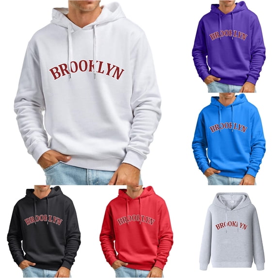 CUSTG Men's Classic City Name Letter Print Hoodie, Vintage College Style Pullover Hooded Sweatshirt with Pocket, Loose Fit Long Sleeve Casual Tops for Daily Wear Oversized Everyday Basic Streetwear