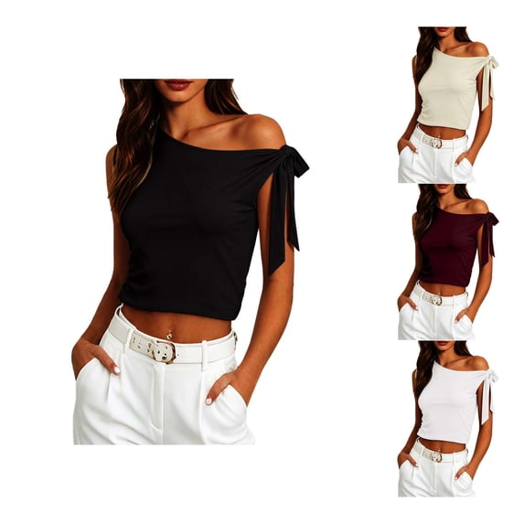 CUSTG Sleeveless Women Solid Color One Shoulder Fitted Front Tie Knot Blouse Camisole Tops Holiday Ladies Summer Shirts