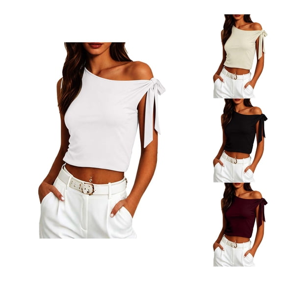 CUSTG Sleeveless Women Solid Color One Shoulder Fitted Front Tie Knot Blouse Camisole Tops Relaxed Fit Female Summer Shirts