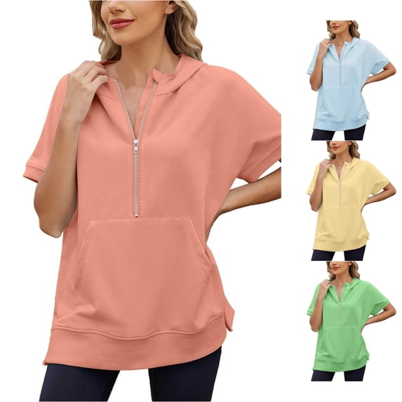 CUSTG Sweatshirts Women Loose Short Sleeved Zipper Pocket Short Sleeved Hoodie Shirt Tops Solid Color Oversized Trendy Daily Wear