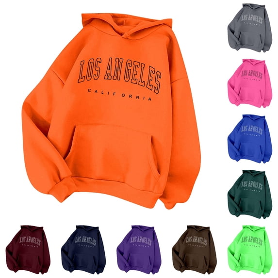 CUSTG Sweatshirts Women Los Angeles California Vintage Letter Print Pullover Hoodie Casual Drawstring Sweatshirt with Pocket Long Sleeve Oversized Birthday Tops Daily Wear