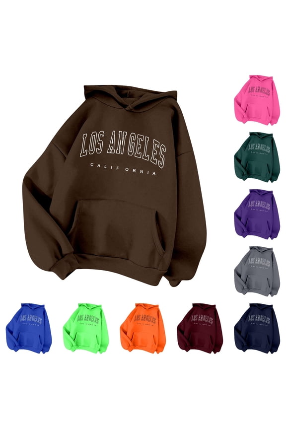 Sweatshirts Women Los Angeles California Vintage Letter Print Pullover Hoodie Casual Drawstring Sweatshirt with Pocket Long Sleeve Oversized Breathable Tops Streetwear
