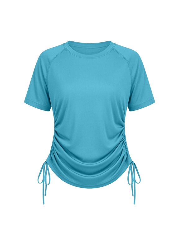 T-Shirts For Women Crew Neck Raglan Short Sleeve T-Shirt Adjustable Side Drawstring Ruched Slim Athletic Effortless Style Tunic Top