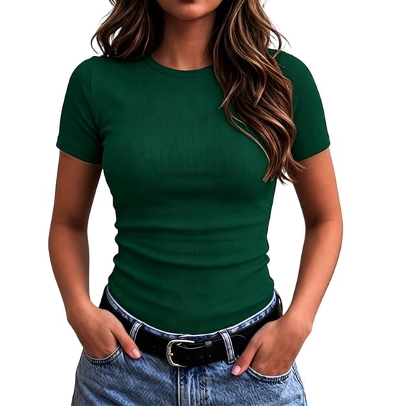 CUSTG T-Shirts For Women Crew Neck Ribbed Short Sleeve T Shirt Slim Fit Workwear Utility Dressy Shirt